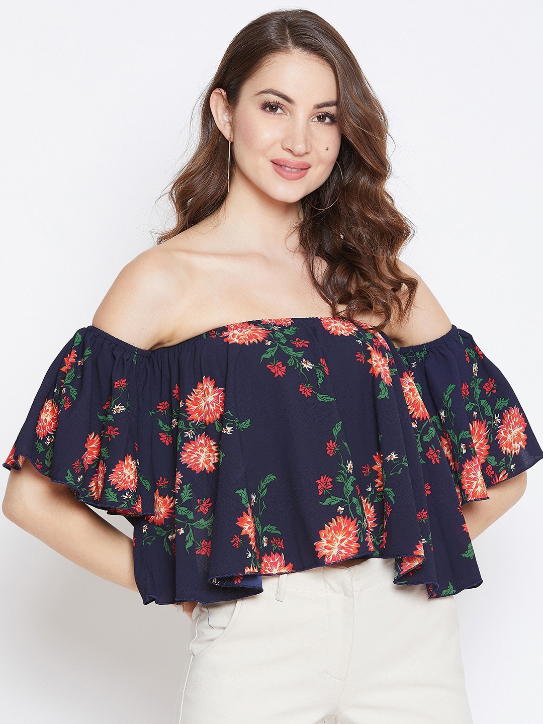 

Berrylush Women Navy Blue & Orange Floral Floral Print Bardot Top