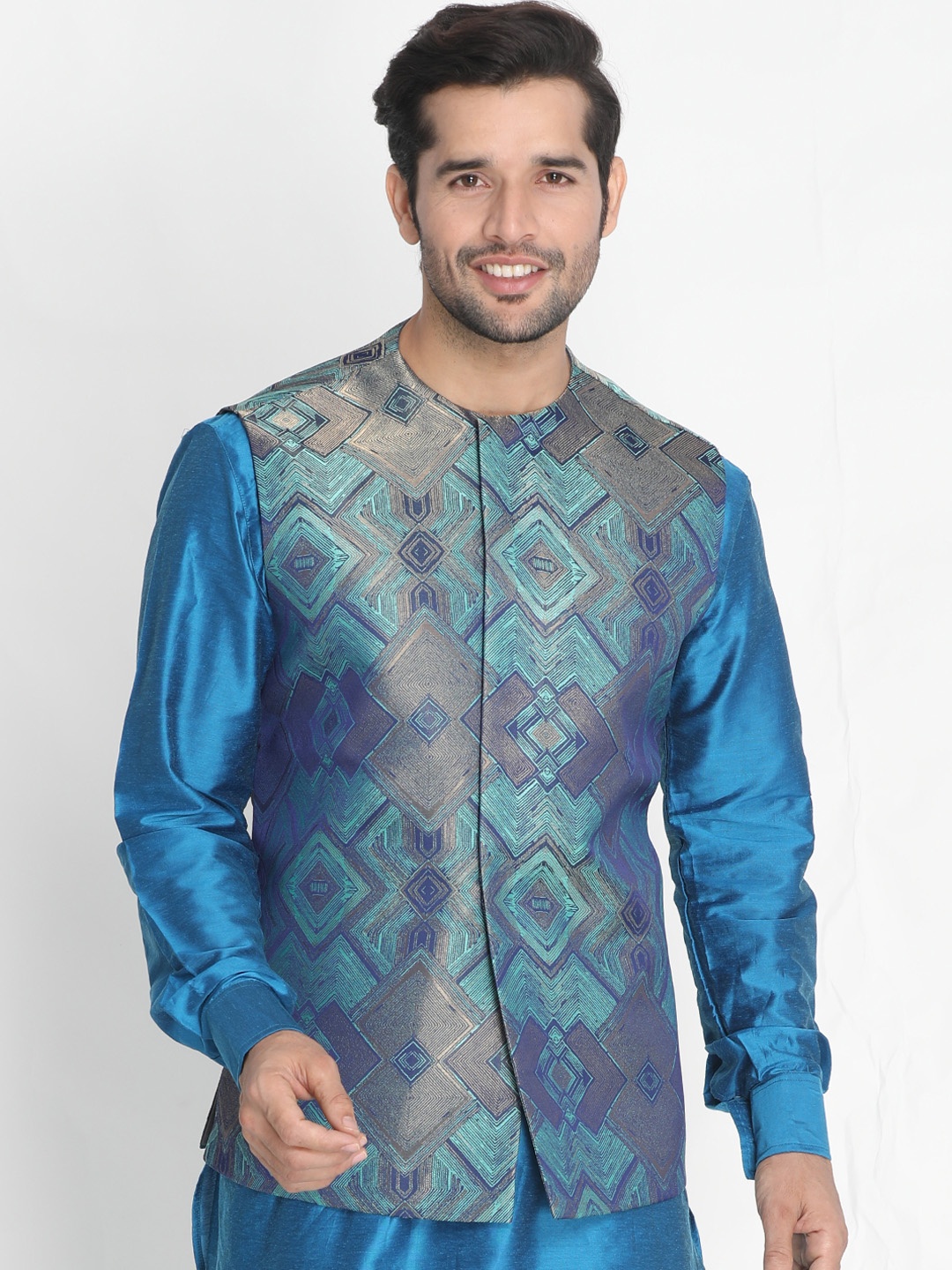 

VASTRAMAY Men Turquoise Blue & Beige Printed Nehru Jackets