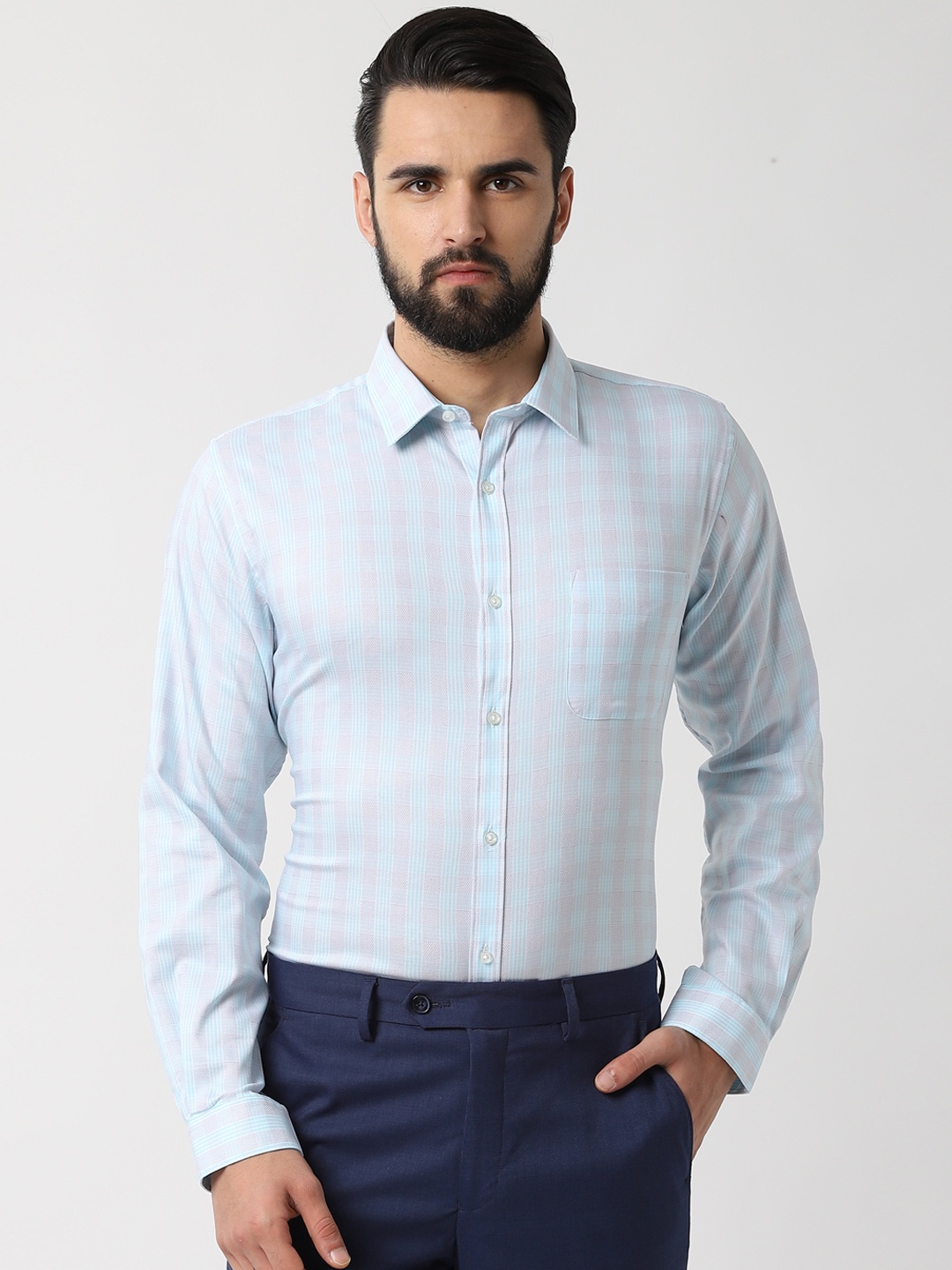 

Peter England Men Blue & Grey Slim Fit Checked Formal Shirt