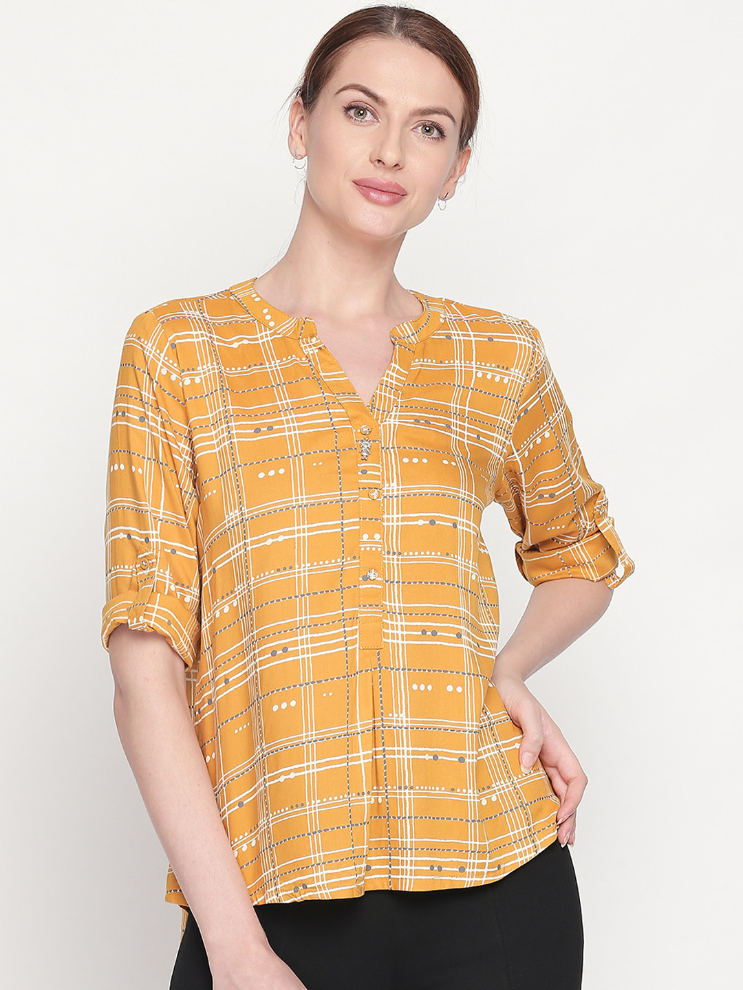 

AKKRITI BY PANTALOONS Women Mustard Yellow & White Checked Top