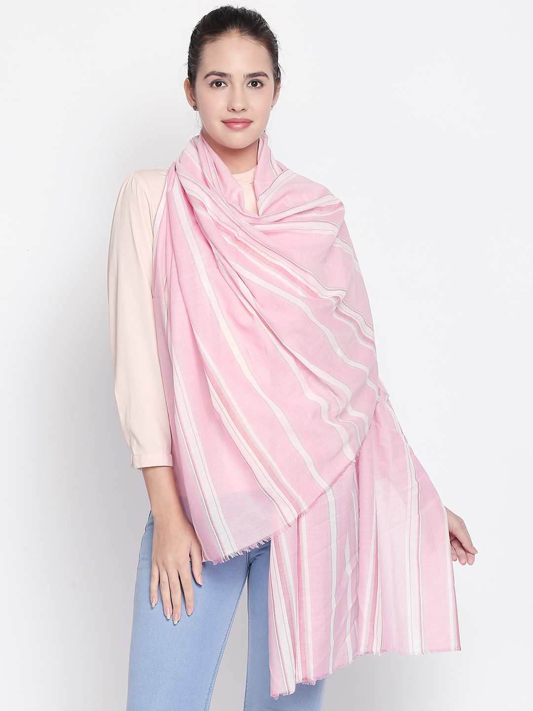 

Style Quotient Women Pink & White Striped Scarf