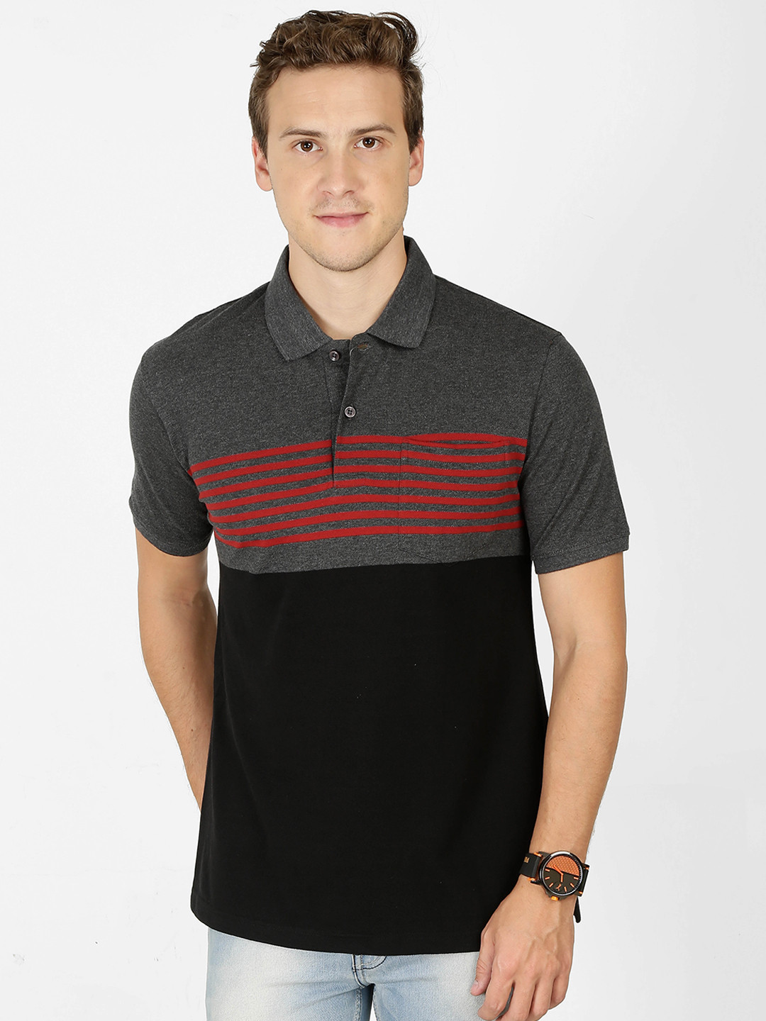 

BULLMER Men Grey Striped Polo Collar T-shirt