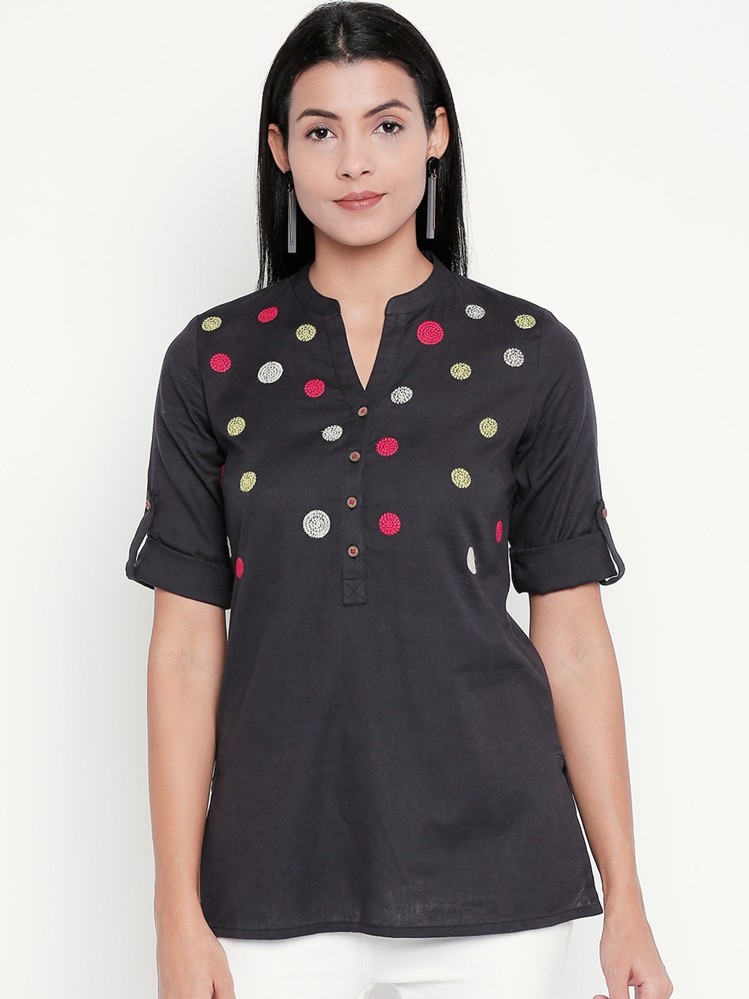 

AKKRITI BY PANTALOONS Charcoal Grey Embroidered Tunic
