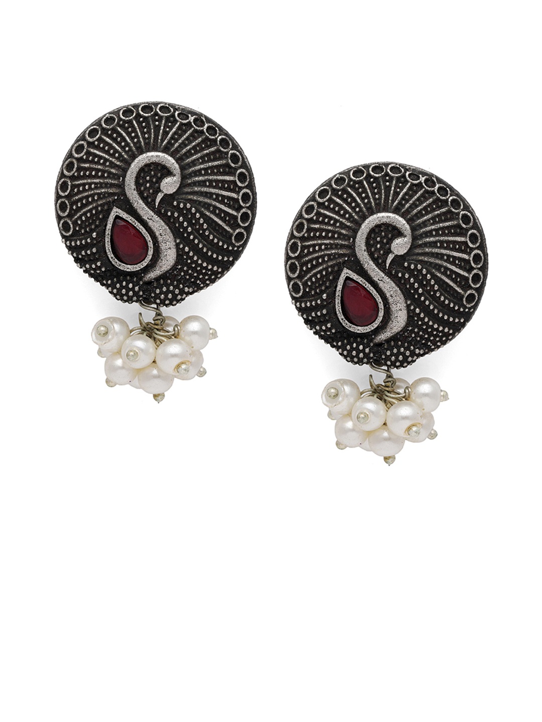 Fabstreet Black & Silver-Plated Oxidised Peacock Shaped Drop Earrings