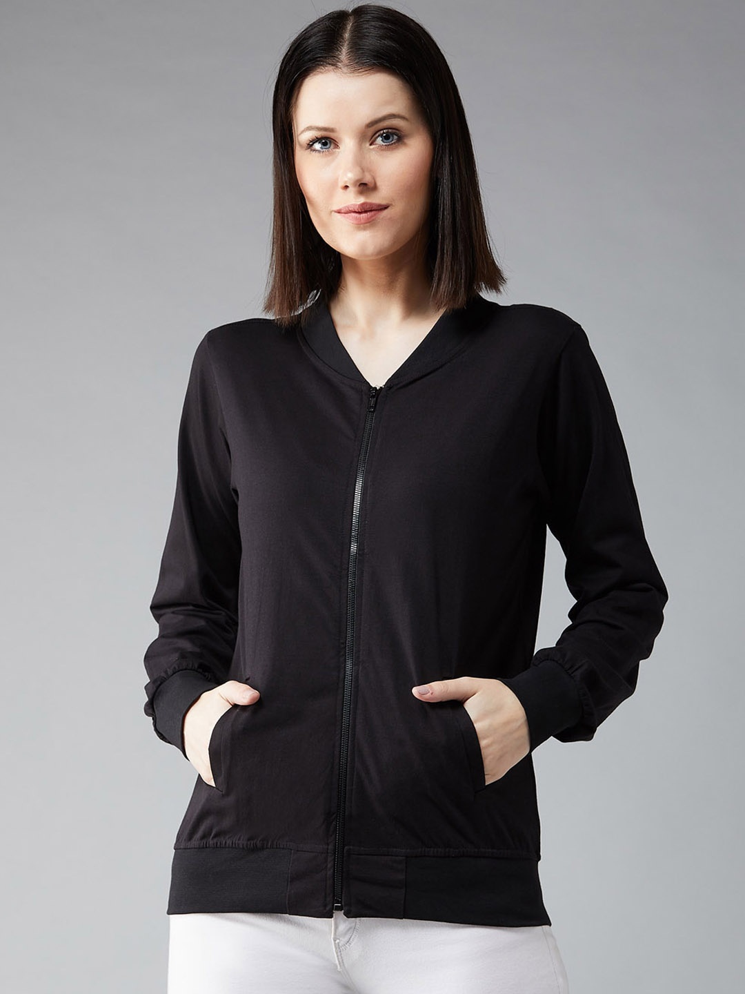 

DOLCE CRUDO Women Black Solid Bomber Jacket