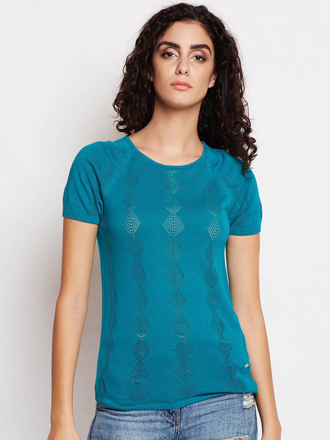 

Taanz Women Blue Self Design Pullover Sweater