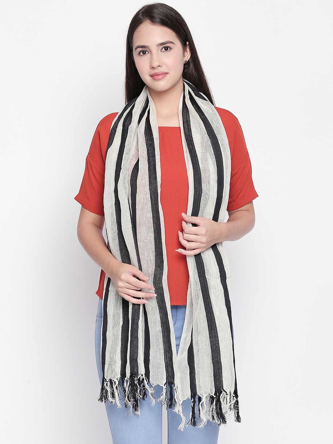 

Style Quotient Women Black & Off-White Striped Linen Scarf
