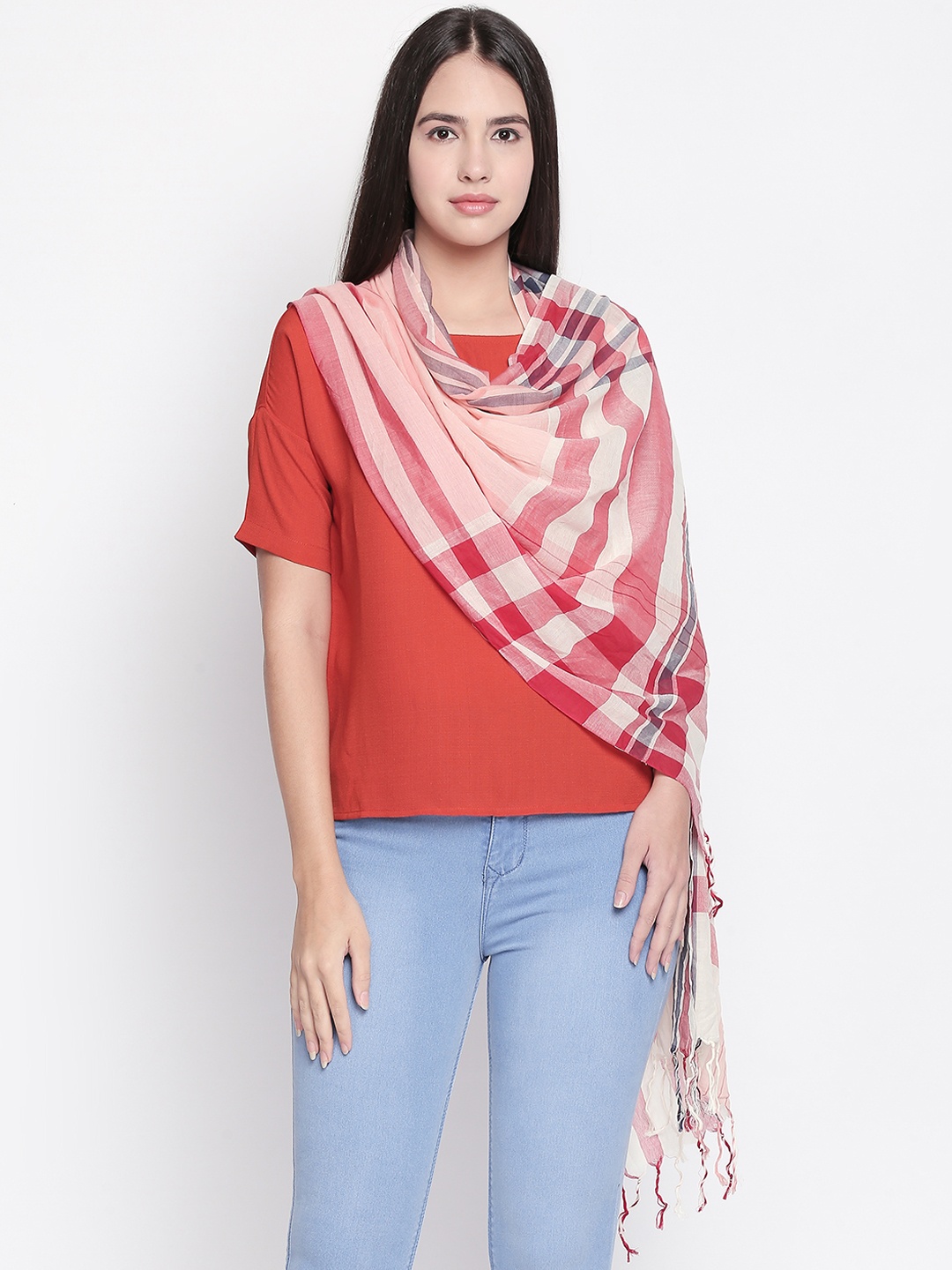 

Style Quotient Women Peach-Coloured & Red Checked Scarf