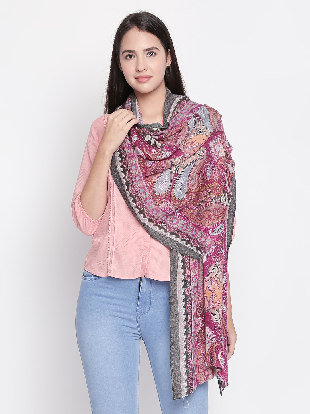 

Style Quotient Pink & Peach-Coloured Printed Woollen Scarf