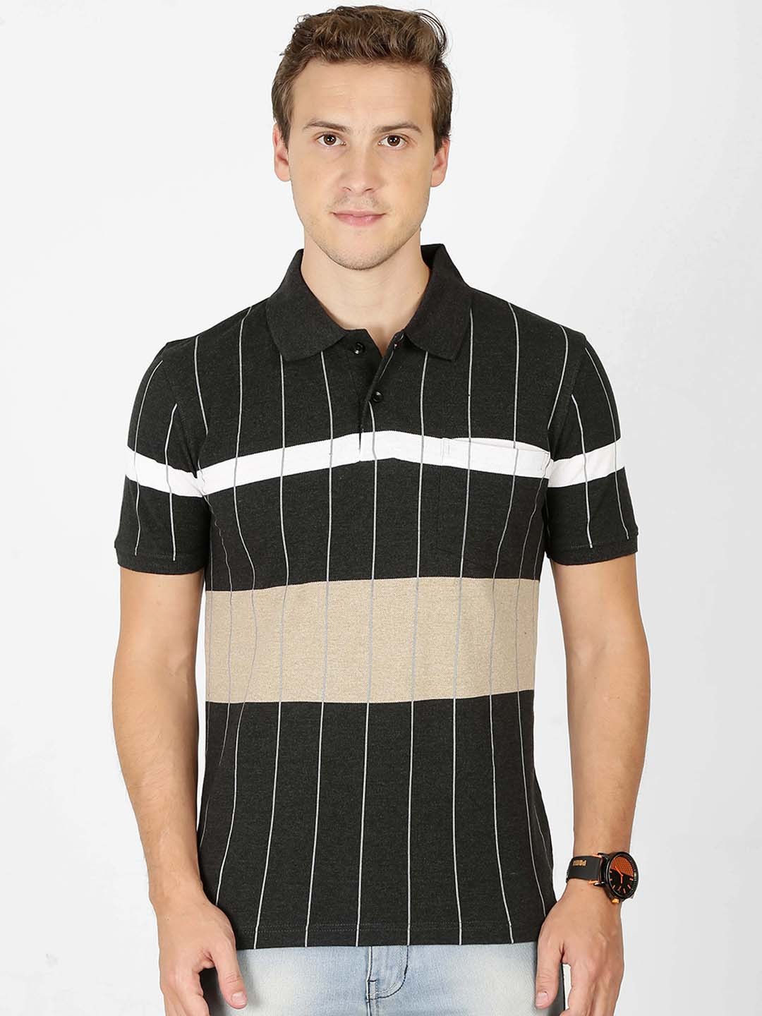 

BULLMER Men Black Striped Polo Collar T-shirt