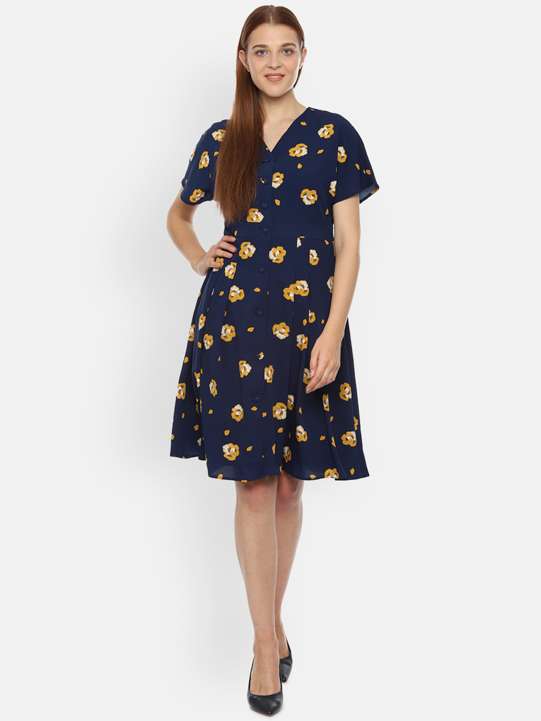 

Van Heusen Woman Navy Blue & Yellow Floral Printed Fit and Flare Dress
