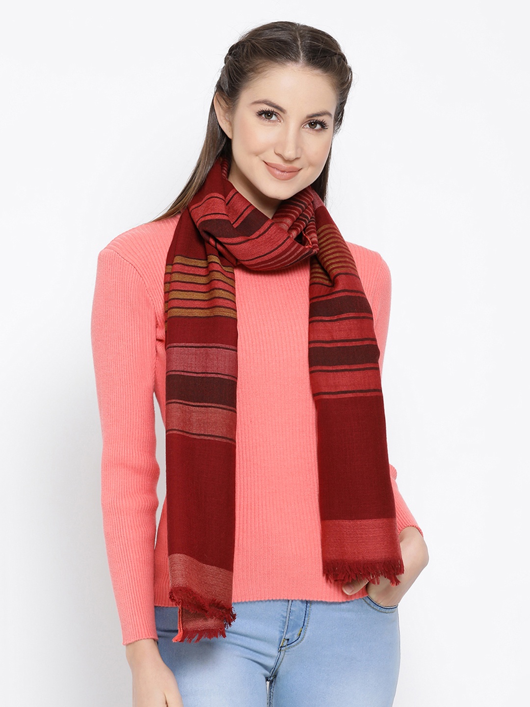 

SHINGORA Women Maroon Striped Woollen Stole