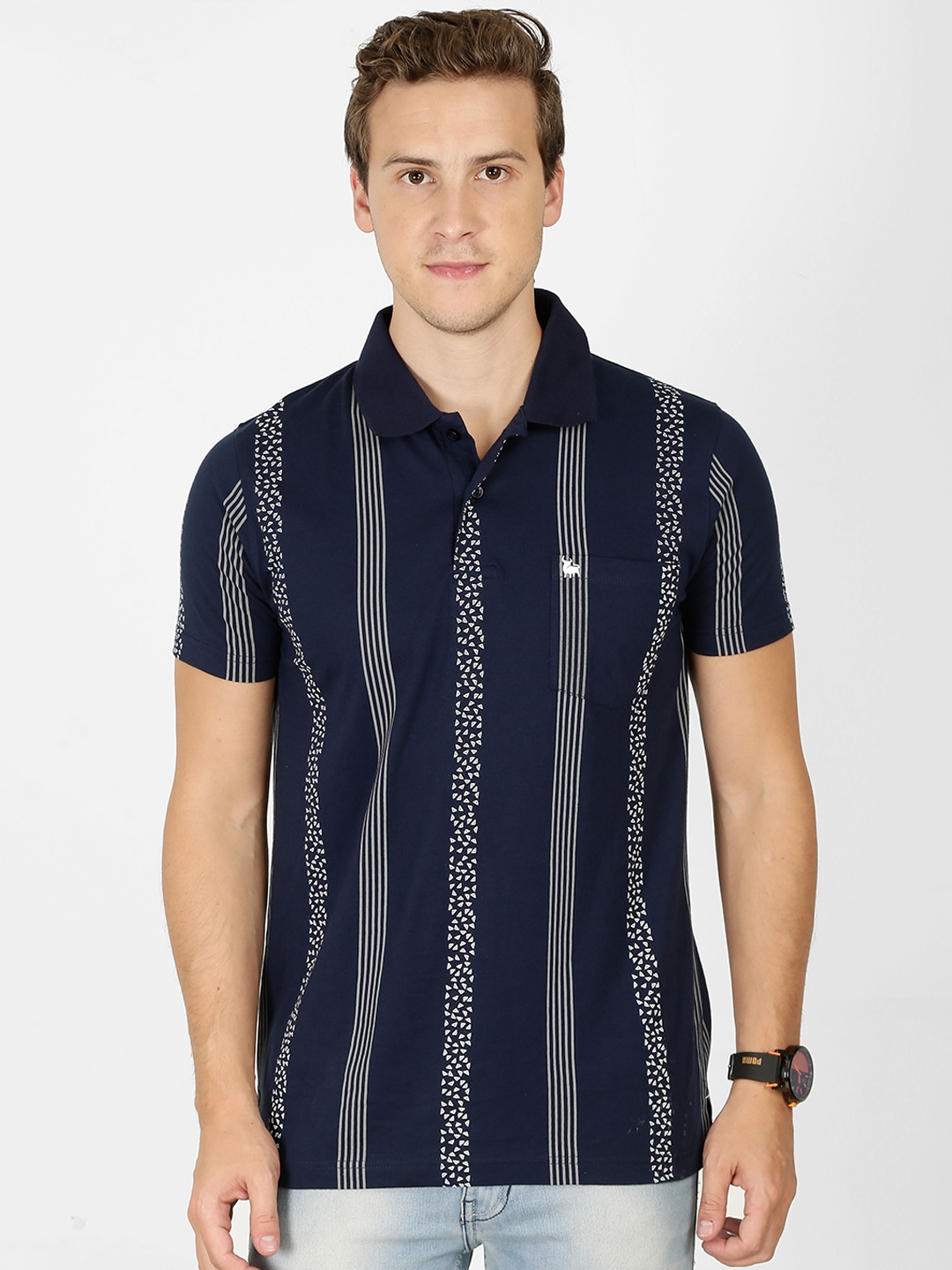 

BULLMER Men Navy Blue Striped Polo Collar T-shirt