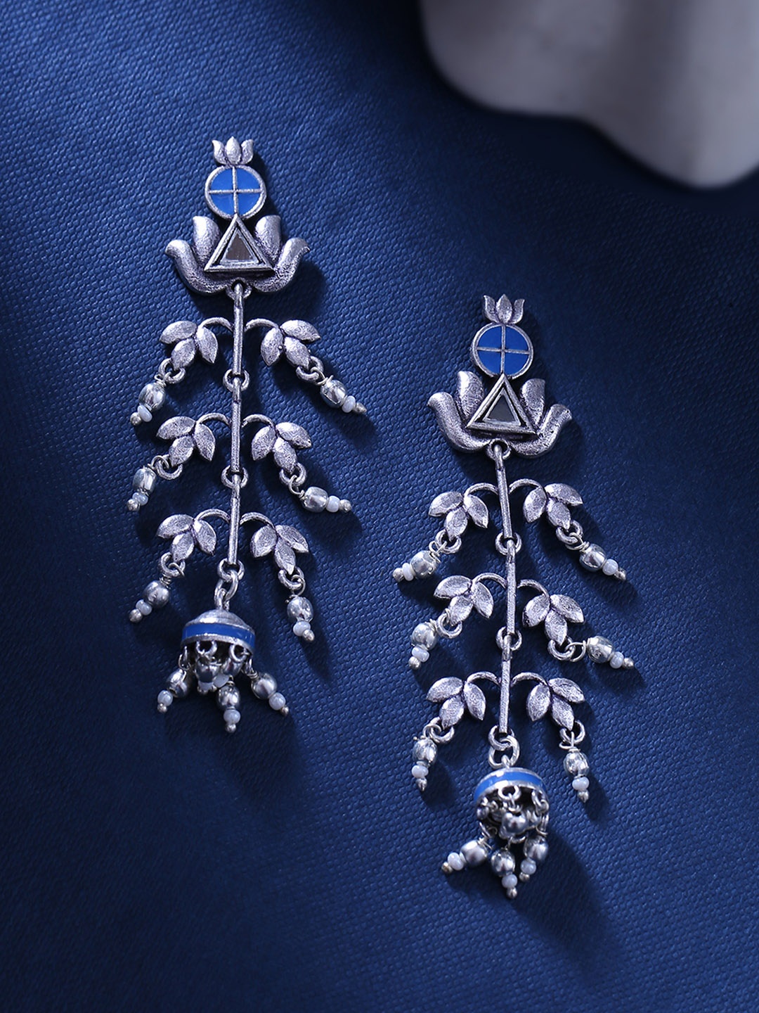 

Voylla Silver-Plated & Blue Contemporary Oxidised Drop Earrings