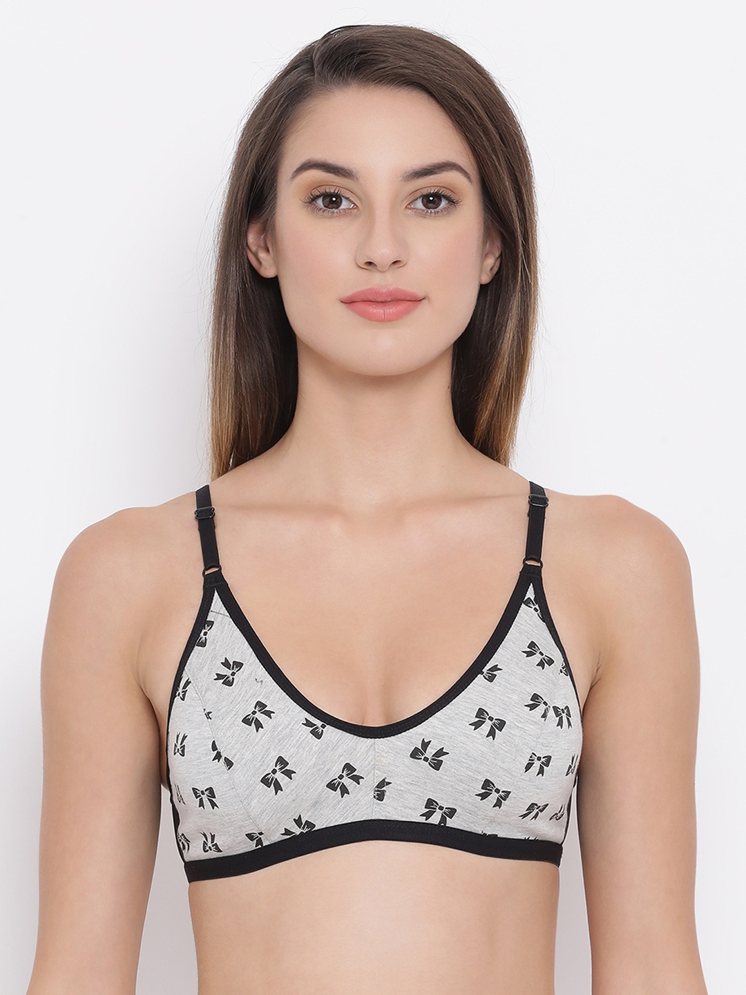 

Clovia Cotton Rich Non-Padded Non-Wired Bow Print Bra, Grey