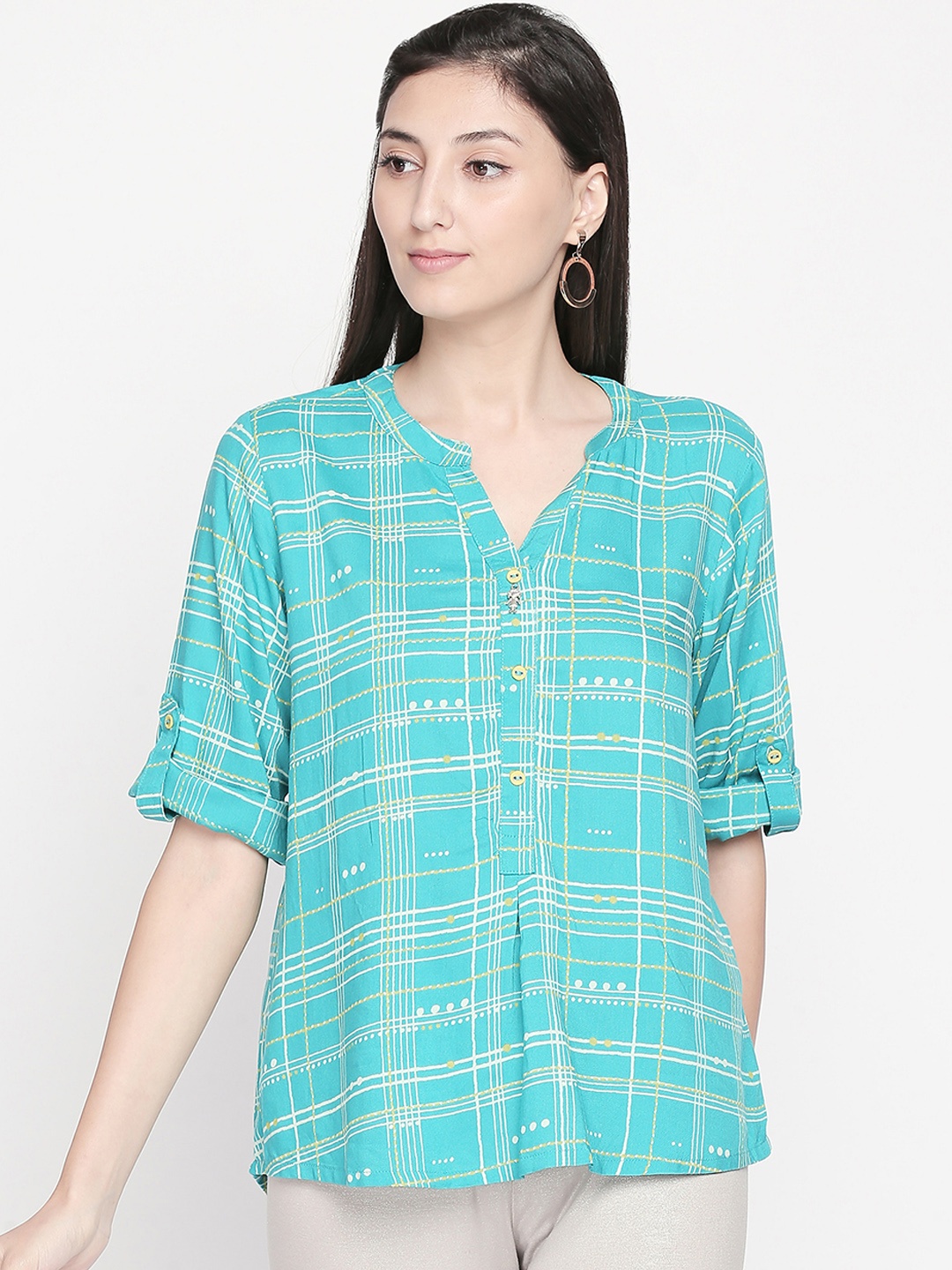 

AKKRITI BY PANTALOONS Women Blue & White Checked Top