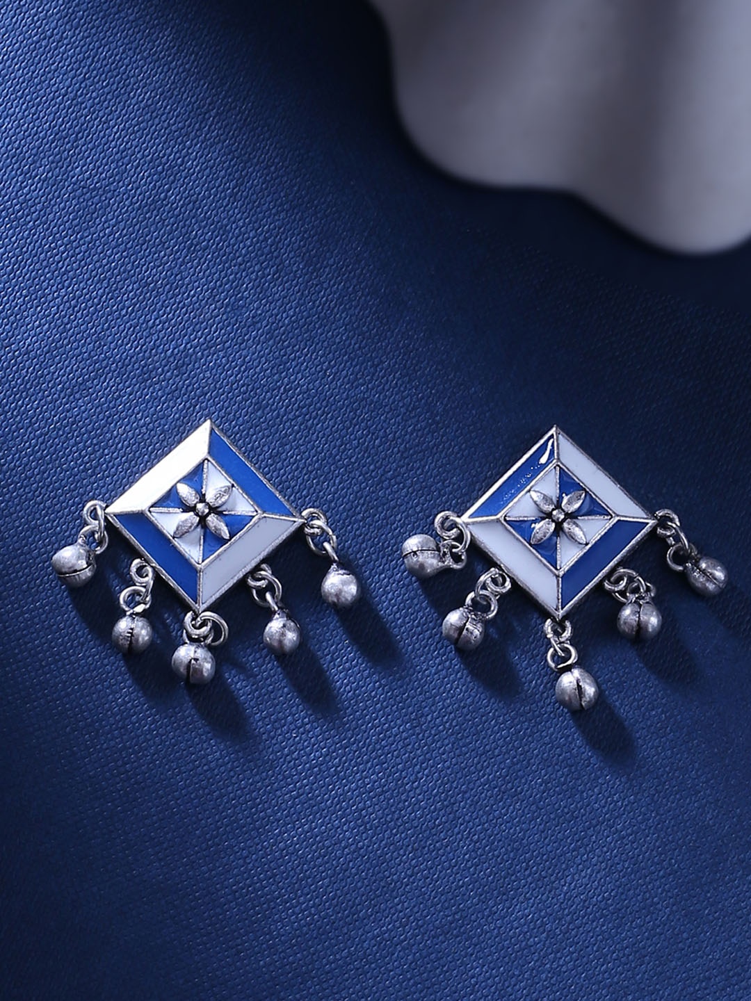 

Voylla Silver-Plated & Blue Contemporary Oxidised Drop Earrings