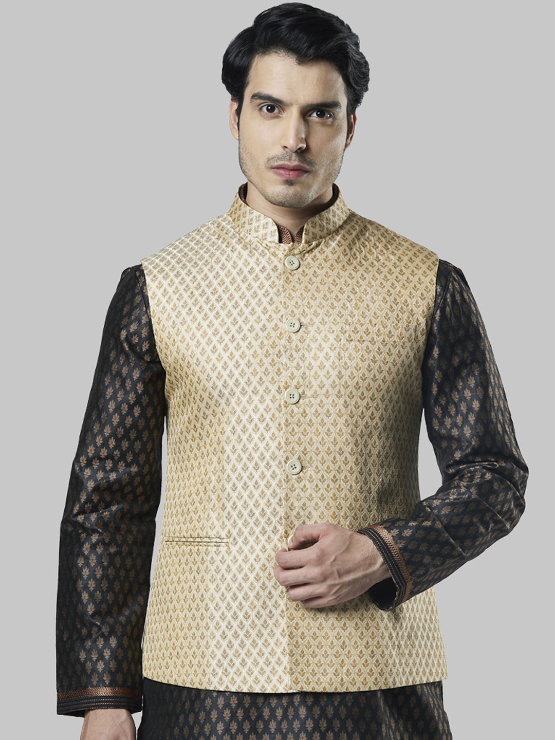 

Ethnix by Raymond Men Gold-Coloured Woven Design Nehru Jacket