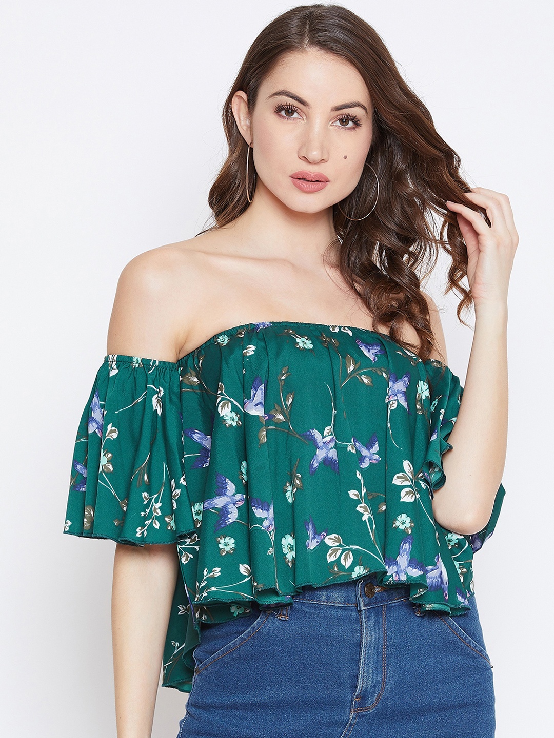Berrylush Women Green & Lavender Floral Printed Bardot Top