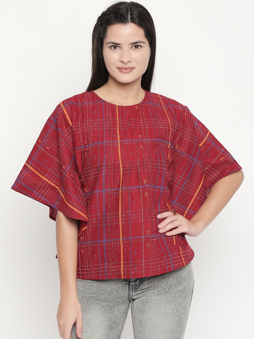 

AKKRITI BY PANTALOONS Women Red & Blue Checked Kaftan Pure Cotton Top