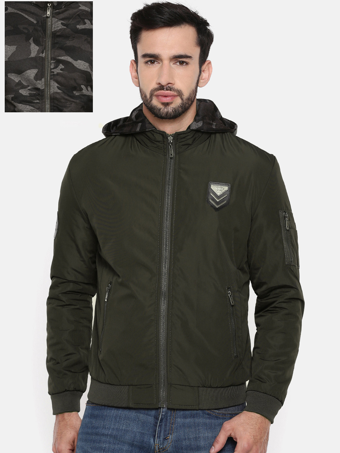 

The Indian Garage Co Men Olive Green Reversible Camouflage Insulator Puffer Jacket