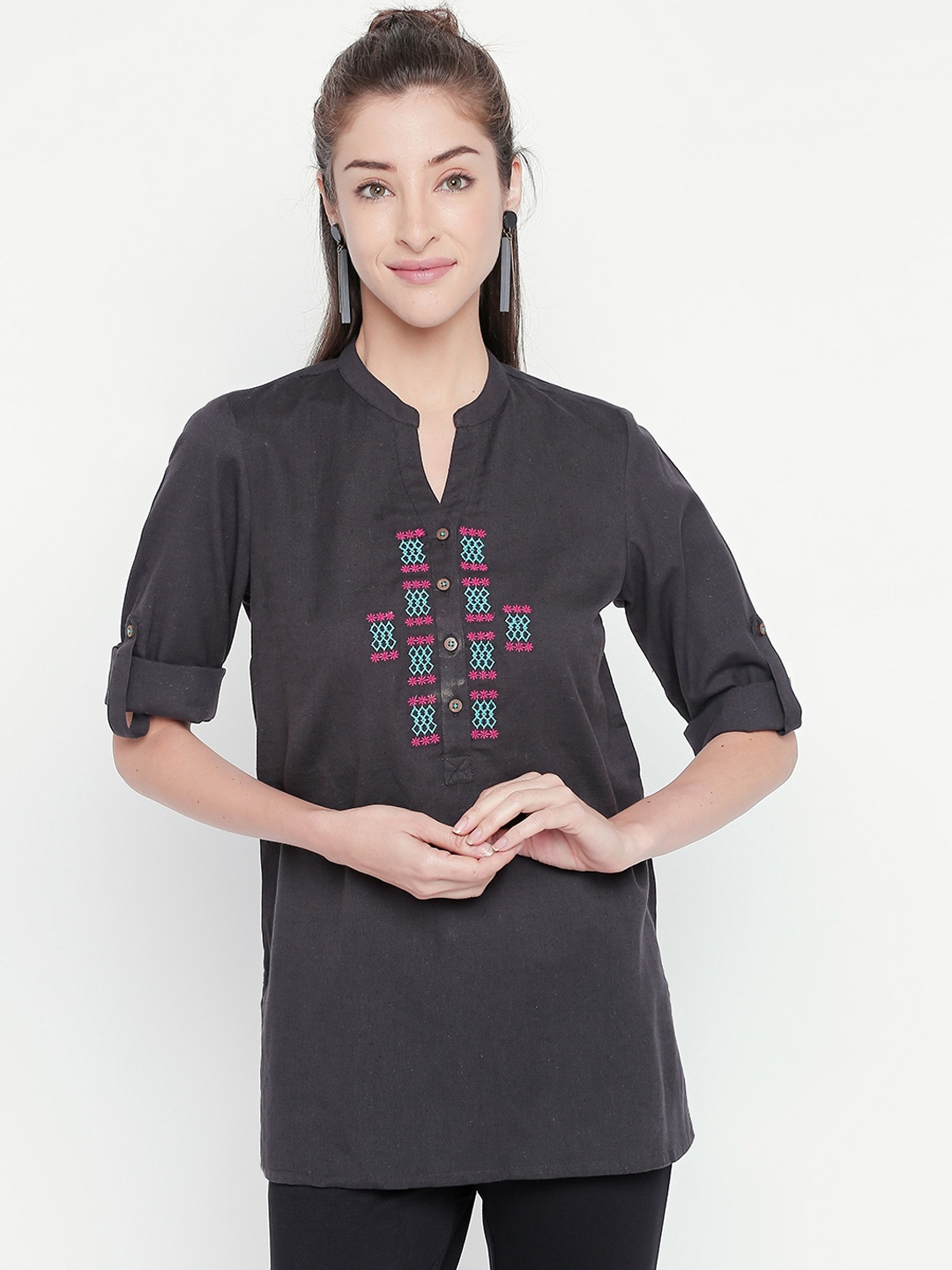 

AKKRITI BY PANTALOONS Charcoal Grey Embroidered Tunic