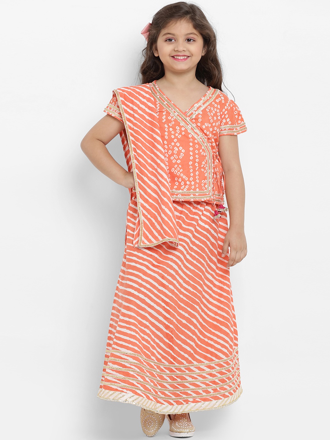 

Bitiya by Bhama Girls Orange & White Printed Ready to Wear Lehenga & Blouse with Dupatta