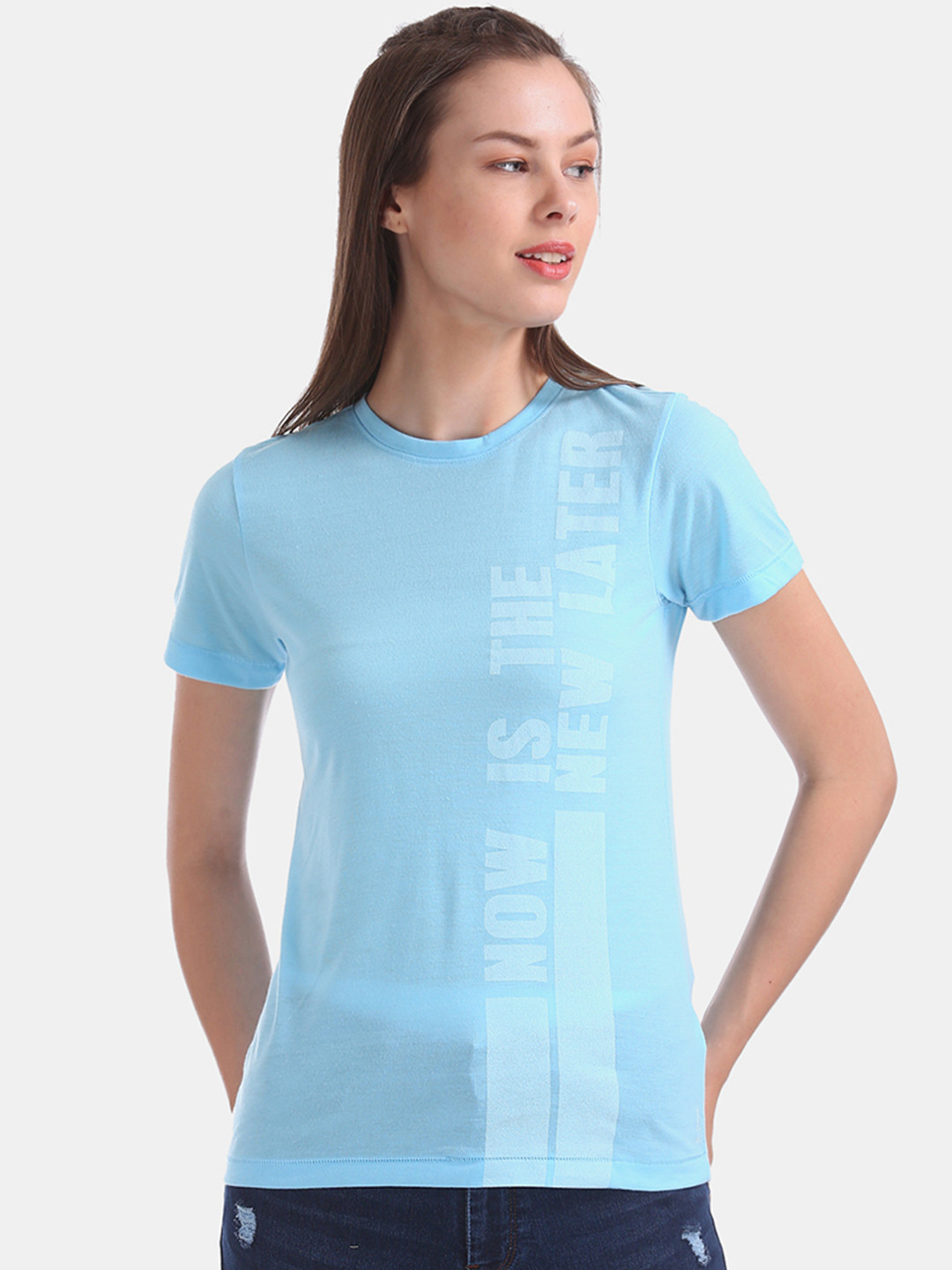

Flying Machine Women Blue Printed Round Neck T-shirt