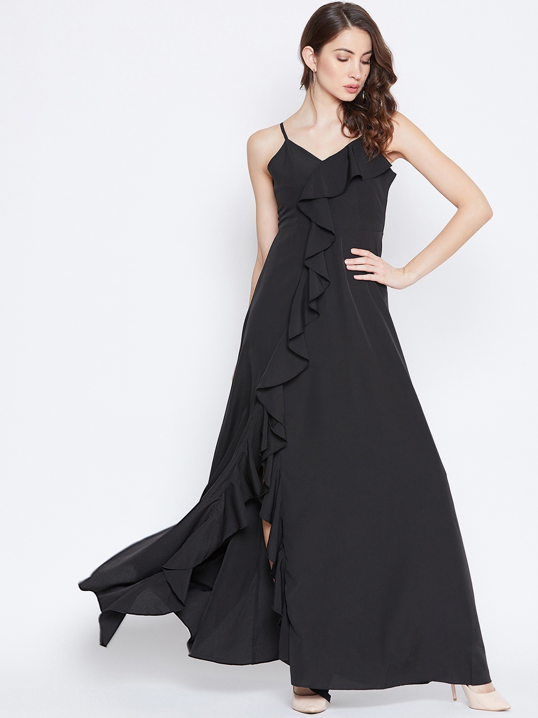 

Berrylush Women Black Solid Ruffled Maxi Dress