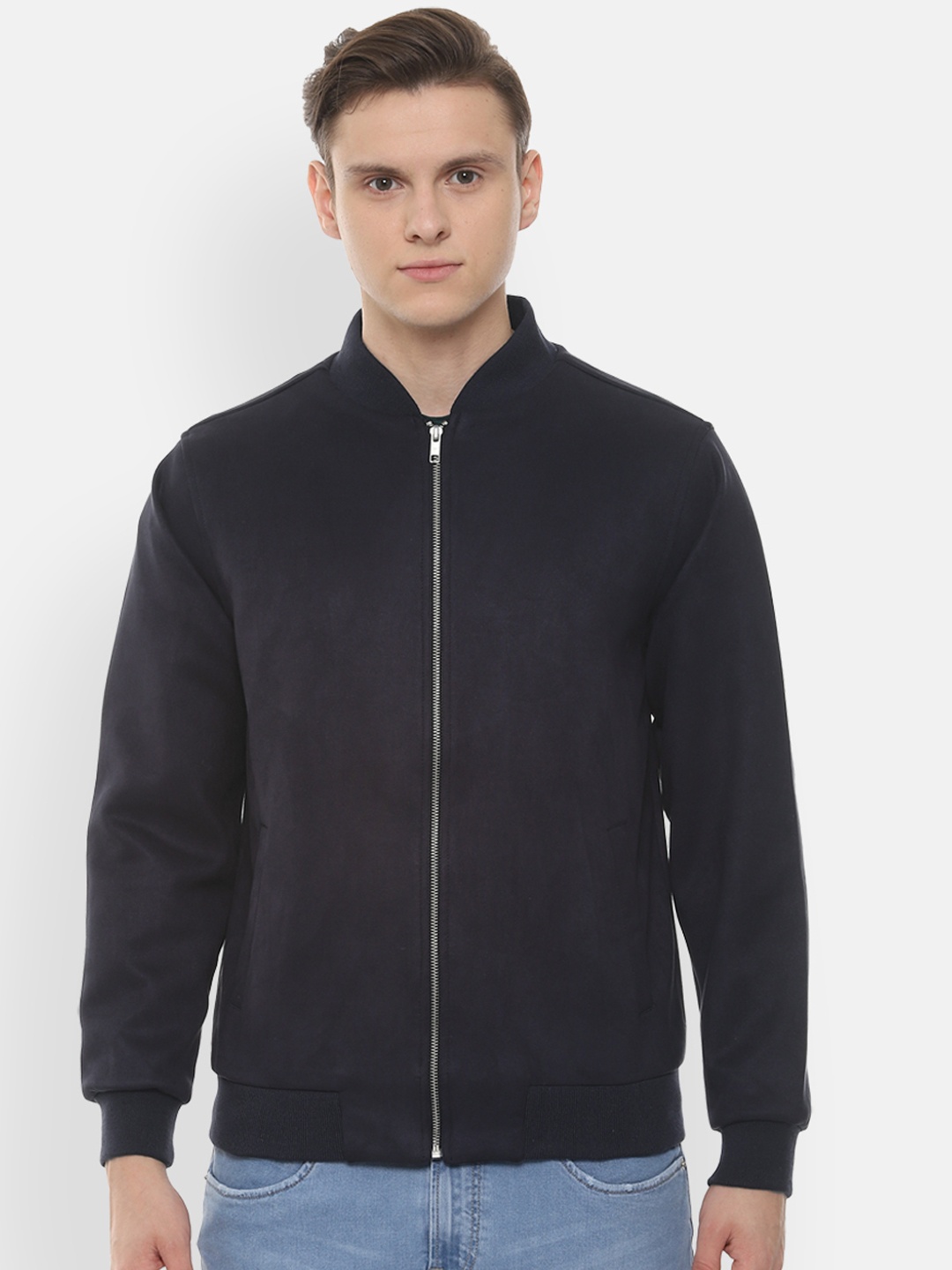 

People Men Navy Blue Solid Bomber Jacket
