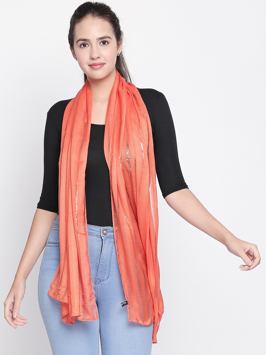 

Style Quotient Women Orange Striped Scarf
