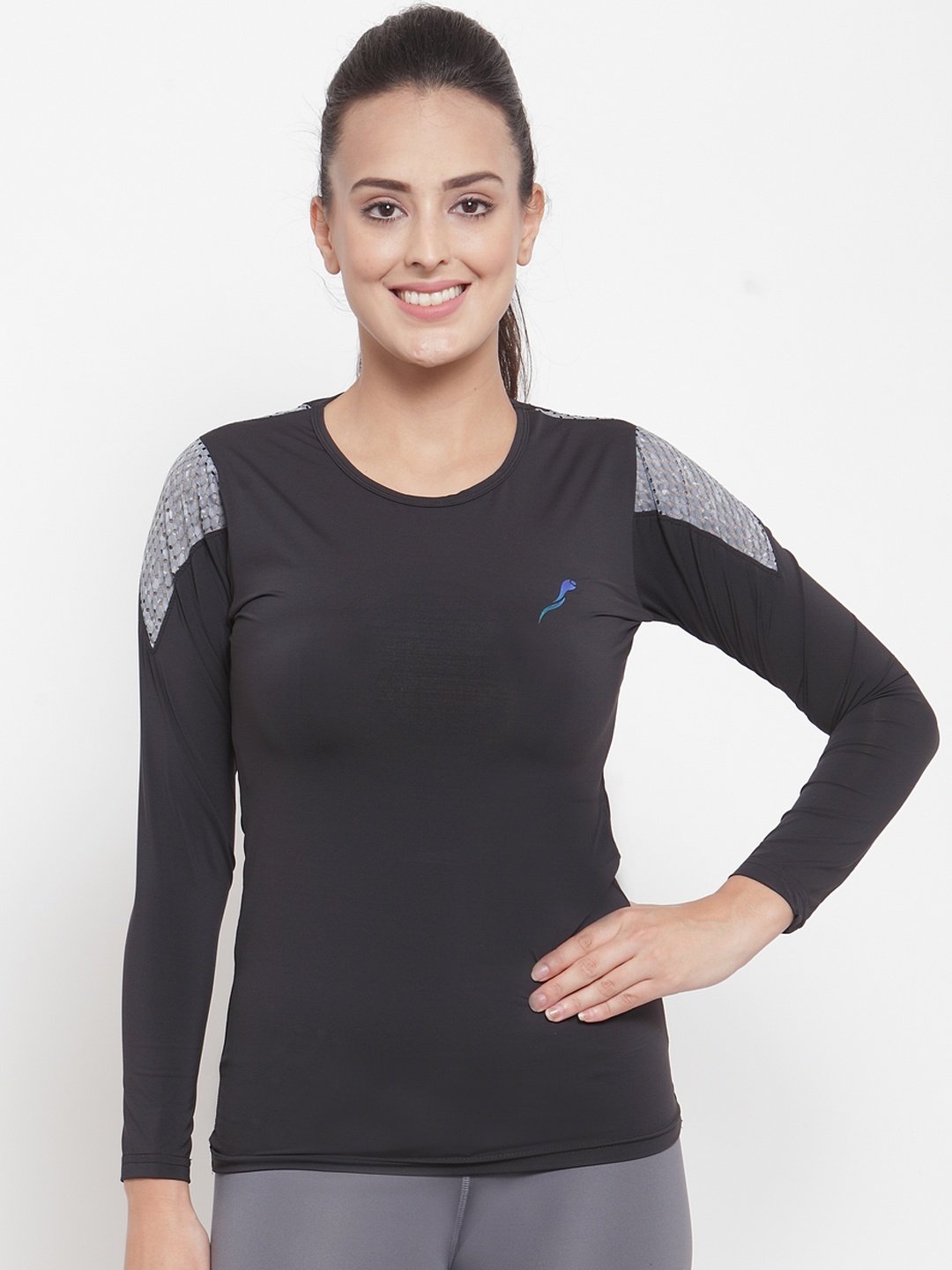 Boston Club Women Black Striped Slim-Fit Round Neck T-shirt