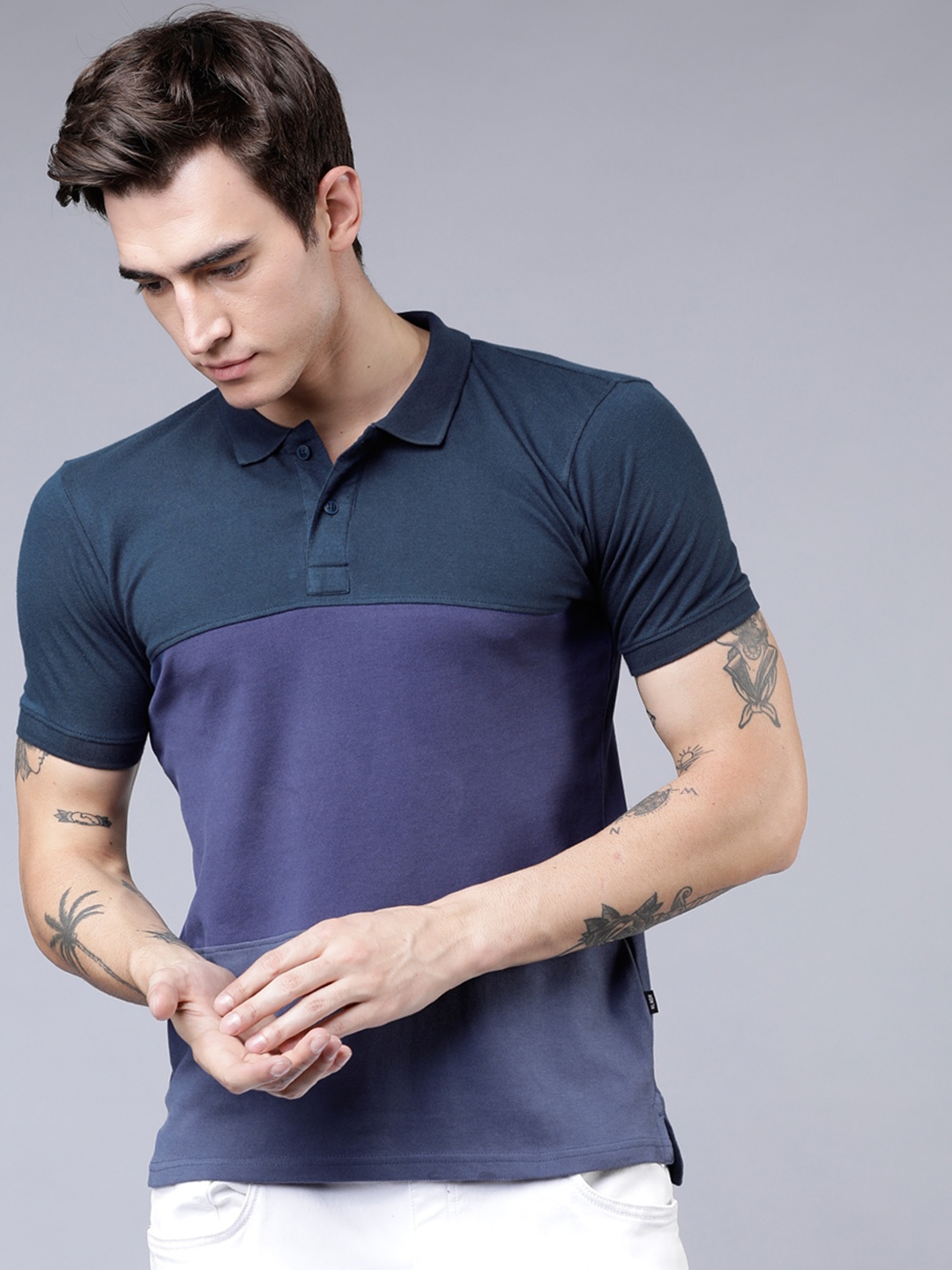 

HIGHLANDER Men Navy Blue & Purple Colourblocked Polo Collar Slim Fit T-shirt
