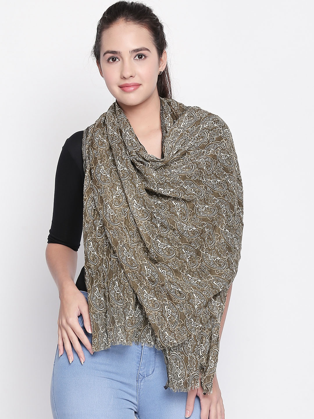 

Style Quotient Women Olive Green & Cream-Coloured Printed Scarf