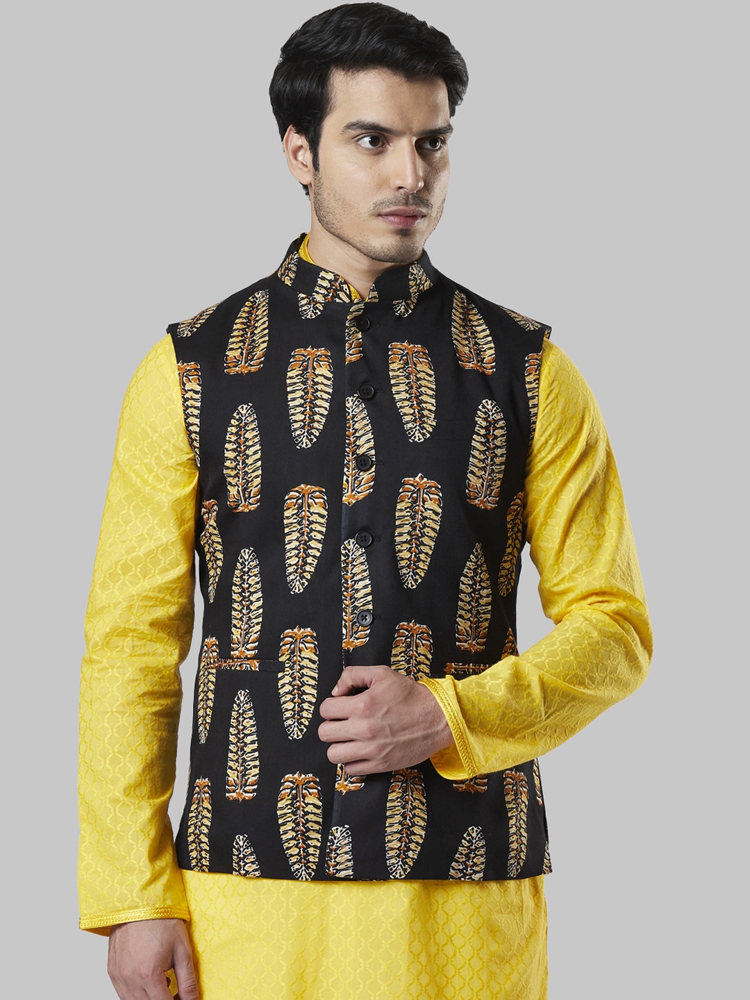 

Ethnix by Raymond Men Black & Yellow Printed Nehru Jacket