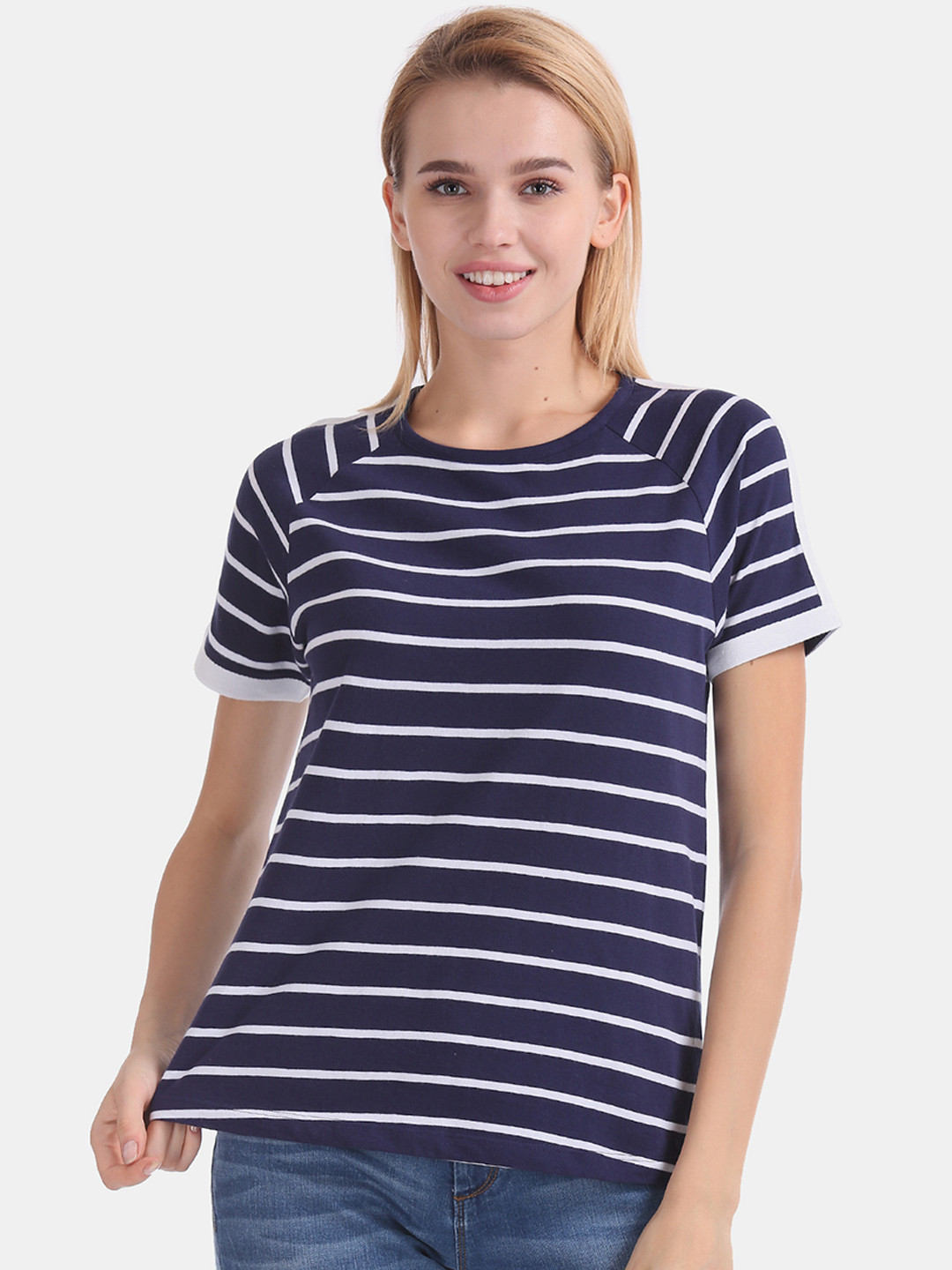 

Flying Machine Women Blue White Striped Round Neck Pure Cotton T-shirt