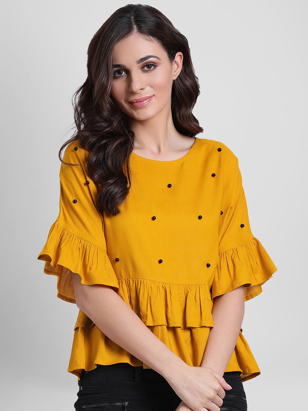 

Aayna Women Mustard Orange Embellished Peplum Top