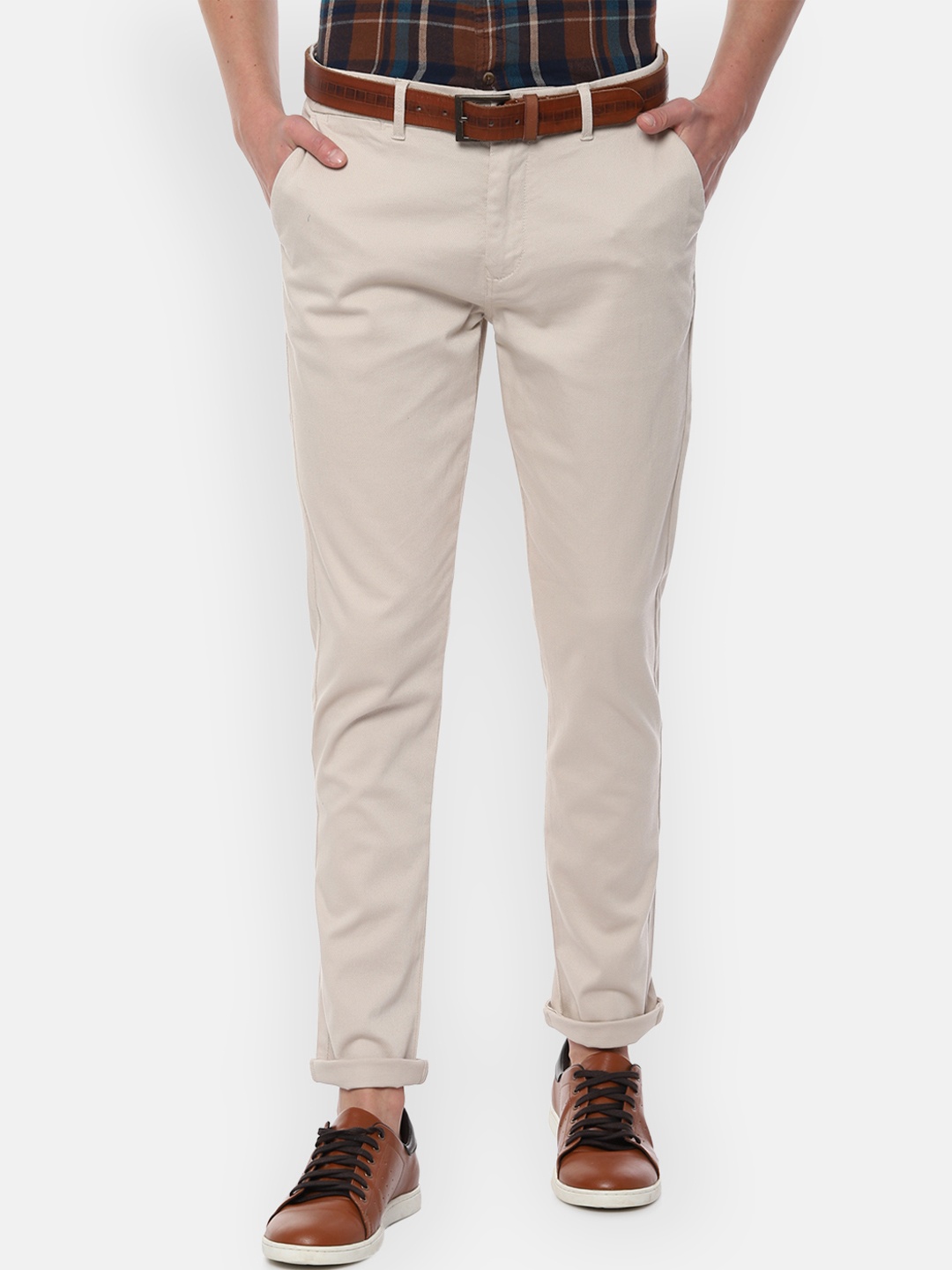

People Men Beige Regular Fit Self Design Regular Trousers