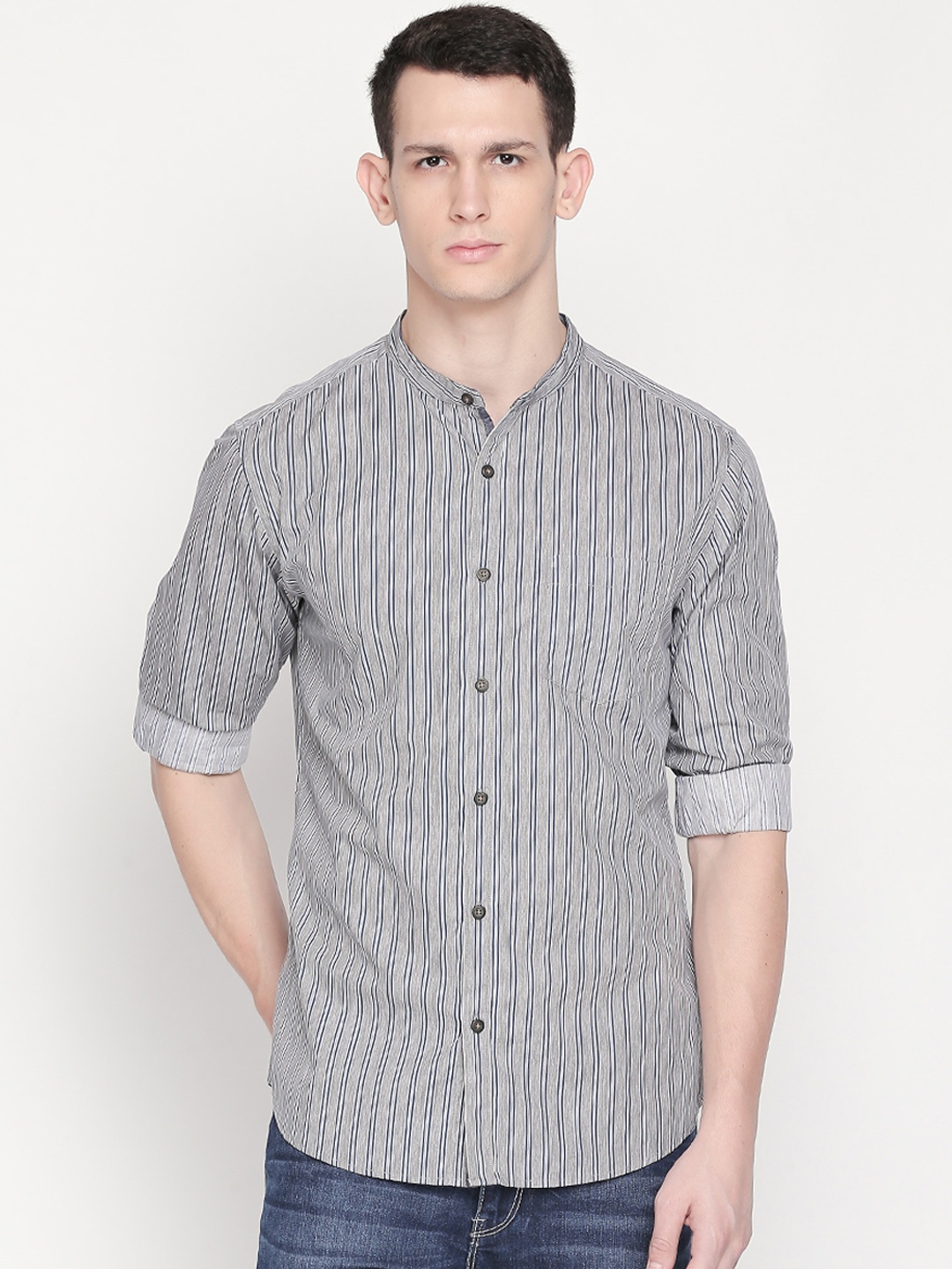 

BYFORD by Pantaloons Men Grey & Blue Slim Fit Striped Casual Shirt