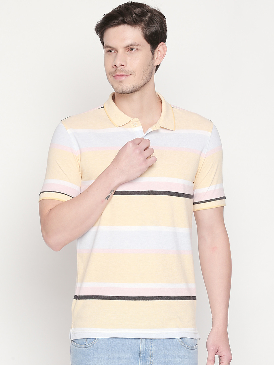 

BYFORD by Pantaloons Men Yellow & White Striped Polo Collar T-shirt