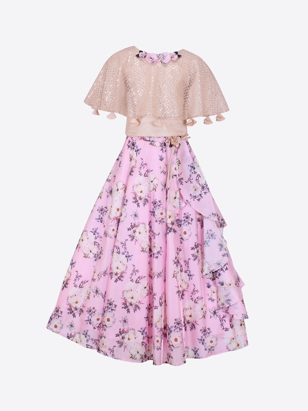

CUTECUMBER Girls Gold-Coloured & Pink Floral Printed Embellished Top with Skirt