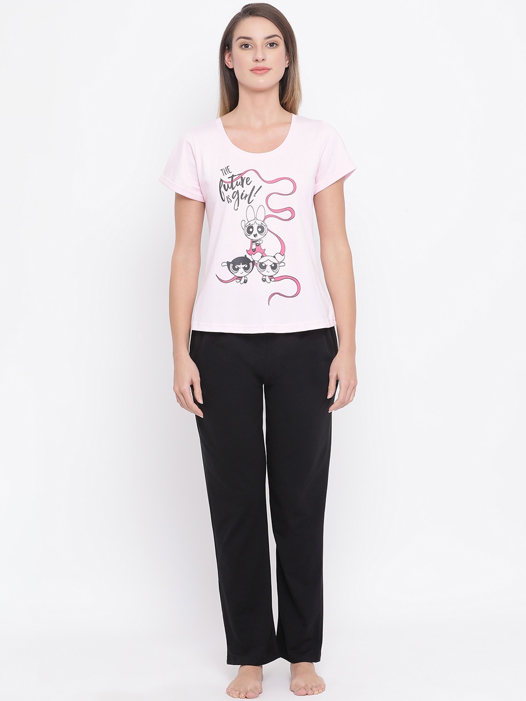 

Clovia Women Pink & Black Printed Night suit COMLS0044S