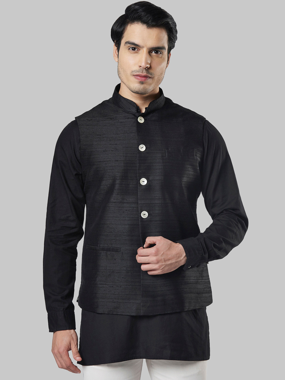 

Ethnix by Raymond Men Black Solid Silk Nehru Jacket