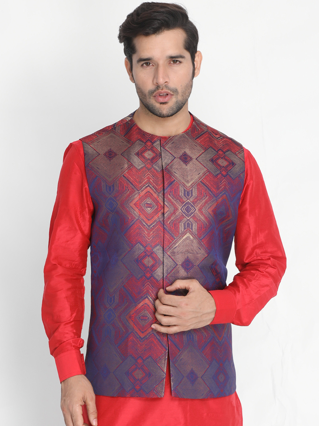 

VASTRAMAY Men Red Printed Nehru Jackets