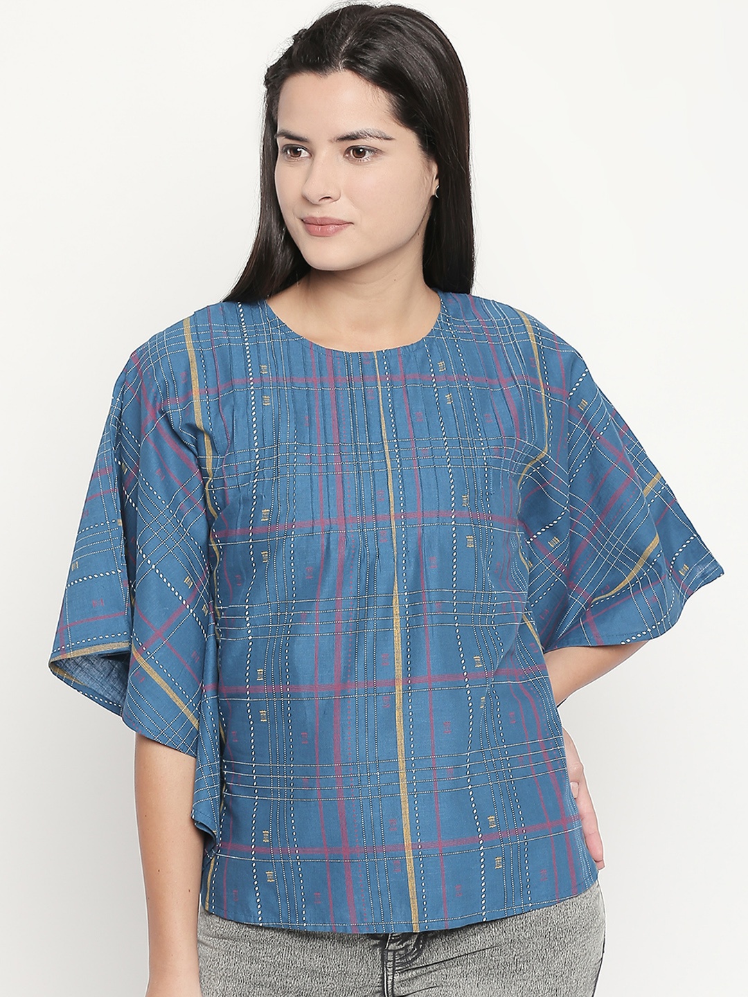 

AKKRITI BY PANTALOONS Women Teal Blue & Pink Checked Kaftan Pure Cotton Top