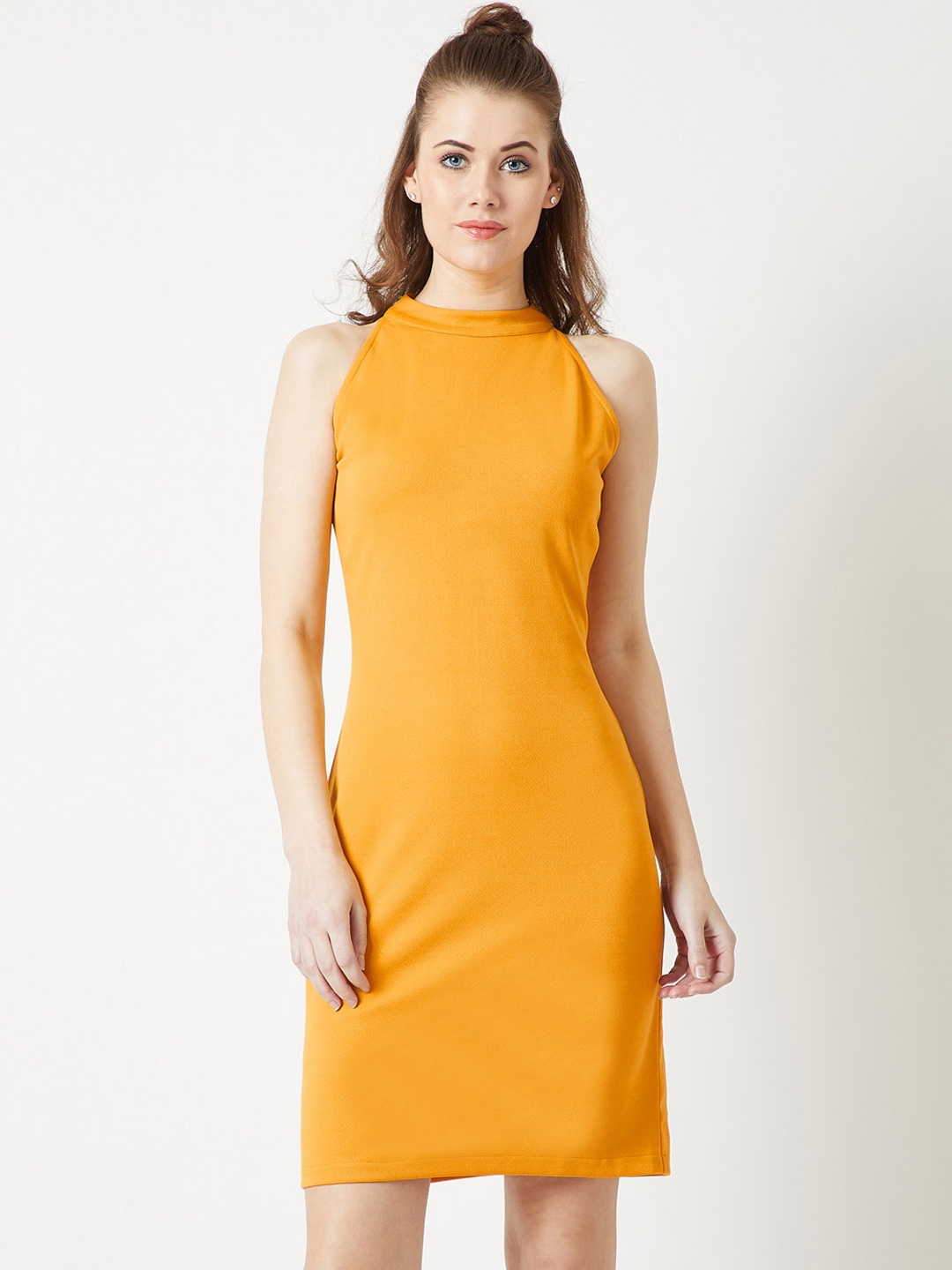 Miss Chase Women Solid Mustard Yellow Sheath Dress