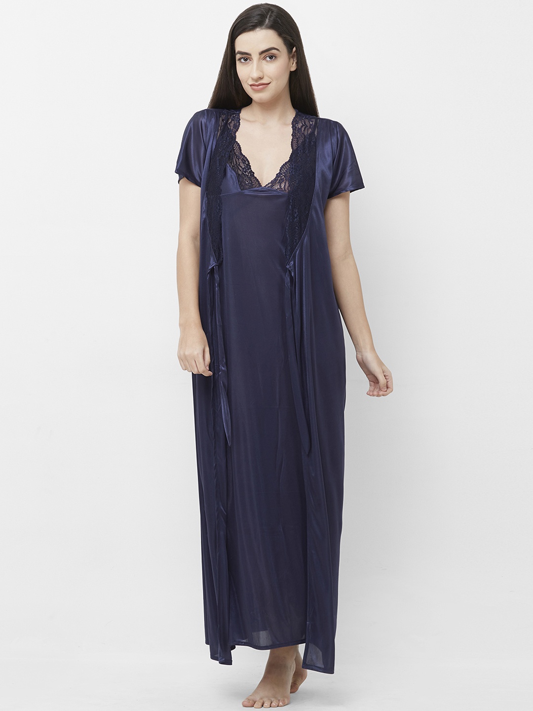 

FashionRack Navy Blue Solid Nightdres with Robes