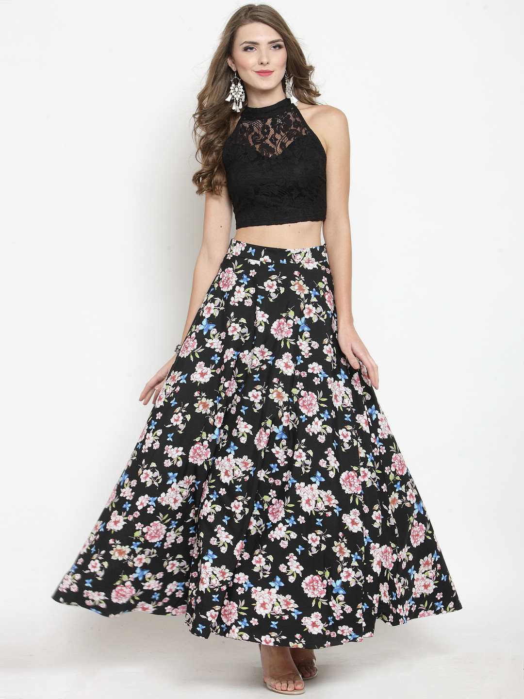 

Sera Women Black & Pink Solid Top with Skirt