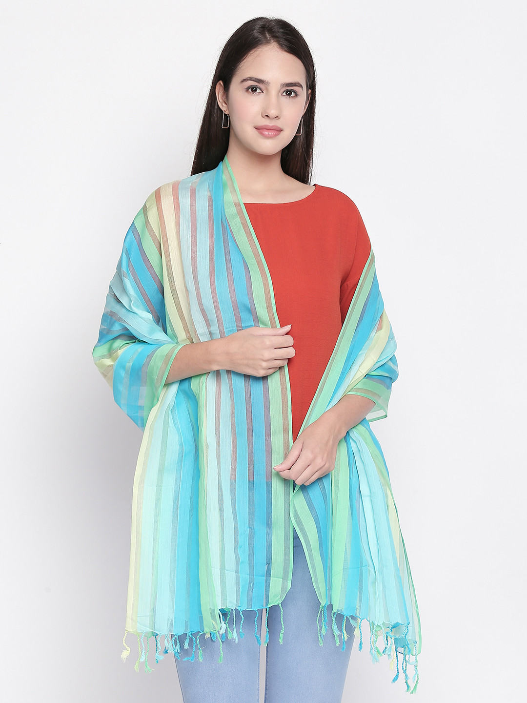 

Style Quotient Women Turquoise Blue & Yellow Striped Scarf