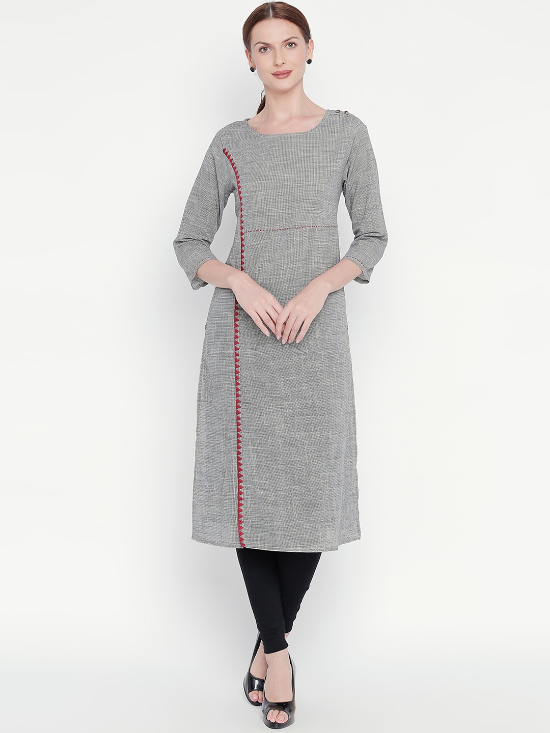 

RANGMANCH BY PANTALOONS Women Black & White Checked Straight Kurta